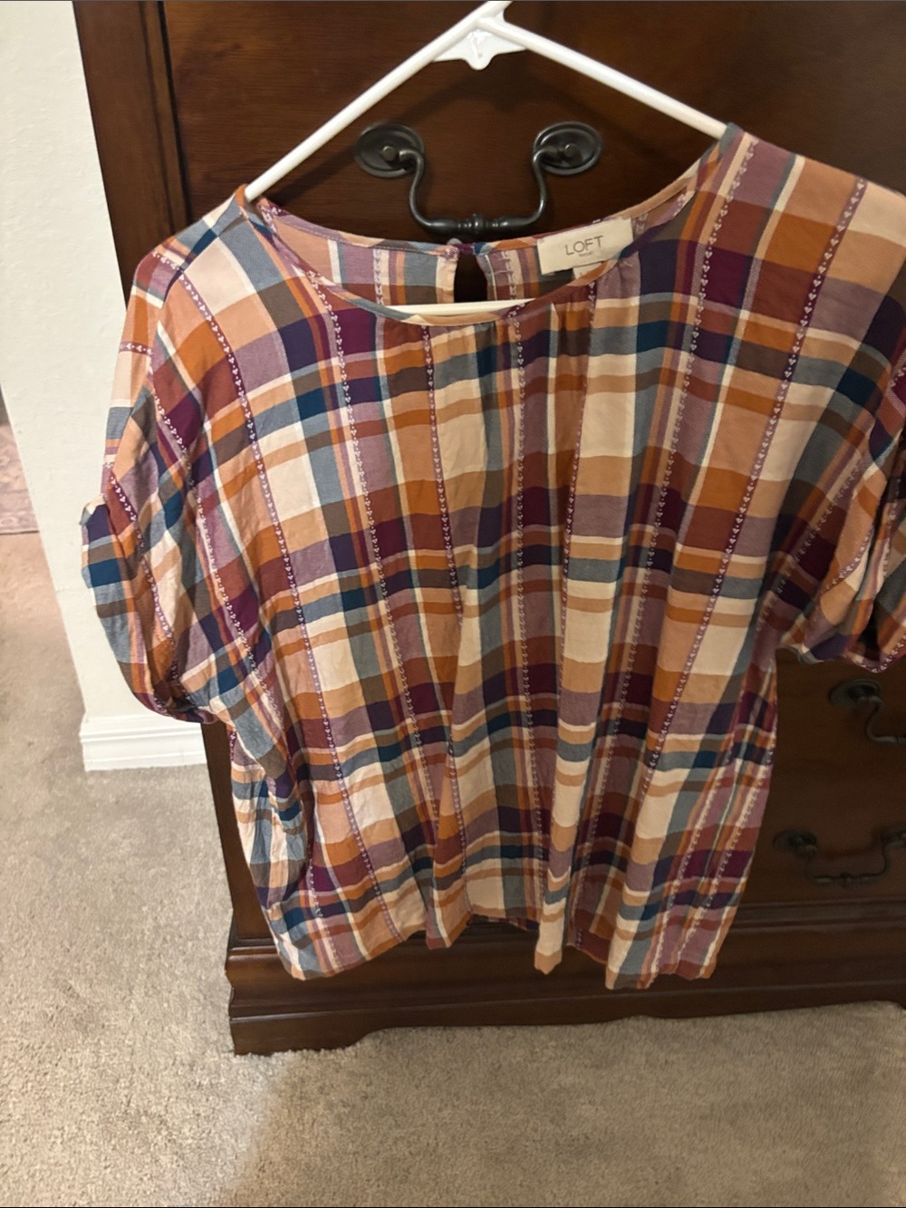 LOFT Plaid Short-Sleeve Blouse in Multi-Color